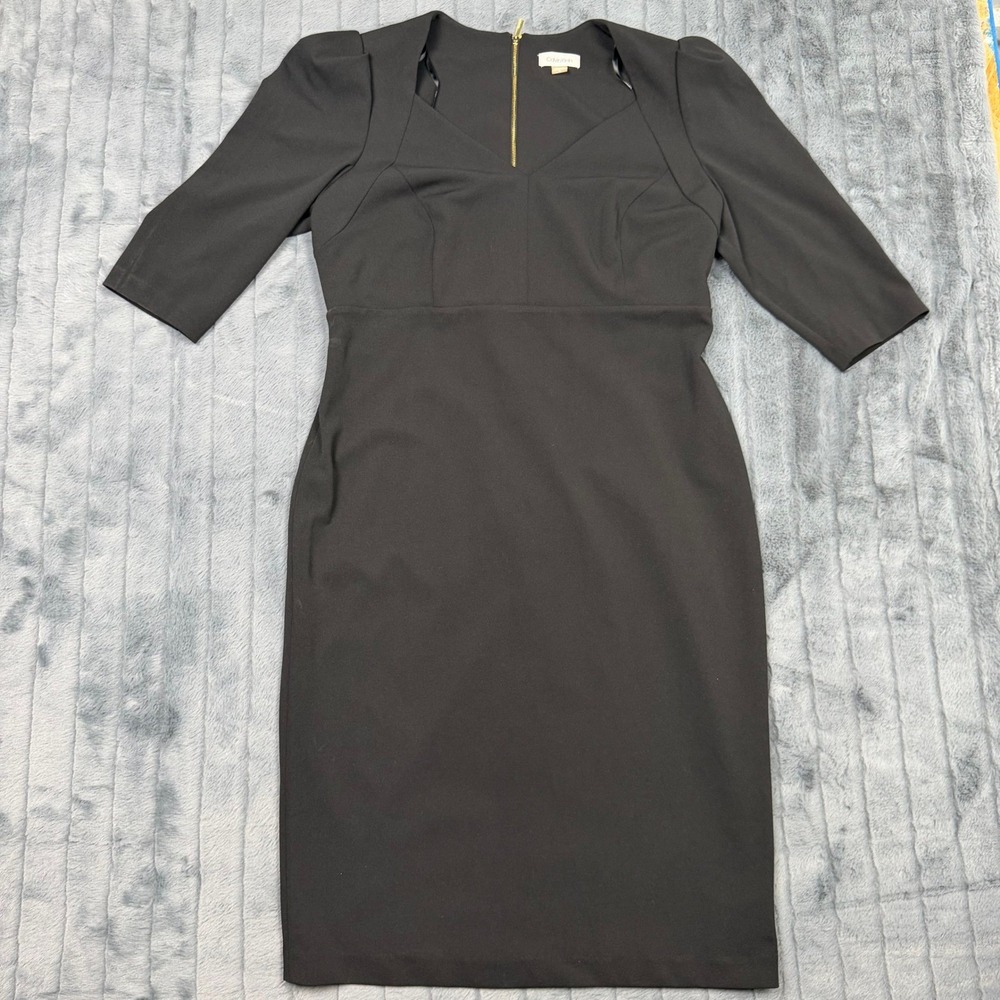 Calvin Klein Womens Black Sheath Dress Sweetheart Neck Gold Zip Size 14